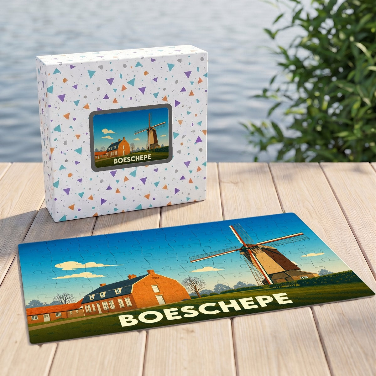 Puzzle souvenir de la ville de Boeschepe avec une illustration stylisée d'un moulin et de maisons traditionnelles.