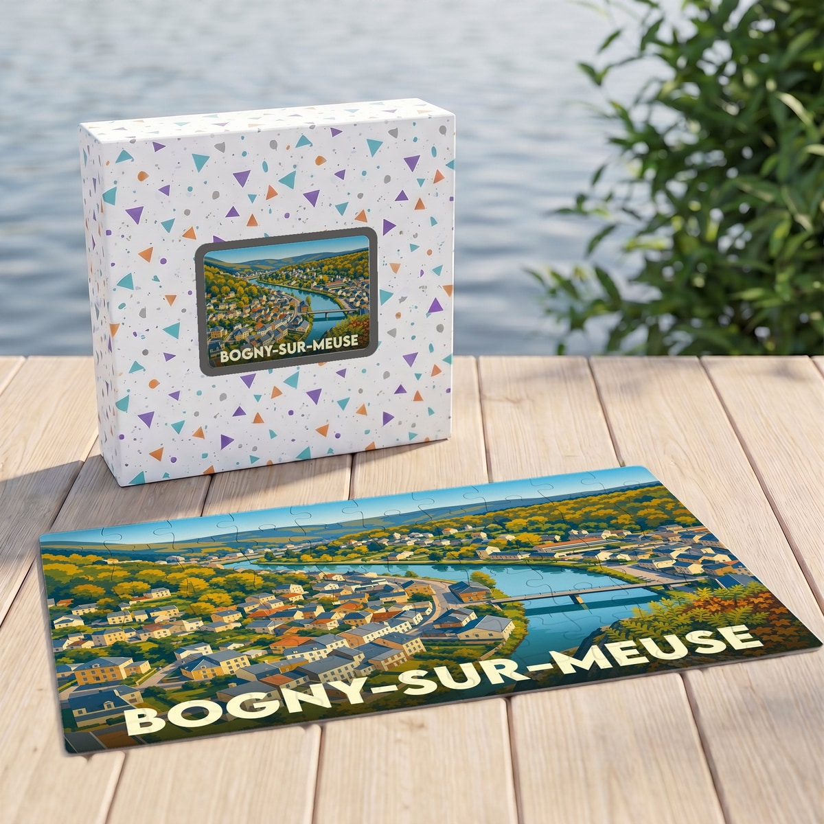 Puzzle souvenir de la ville de Bogny-sur-Meuse avec une illustration panoramique stylisée.