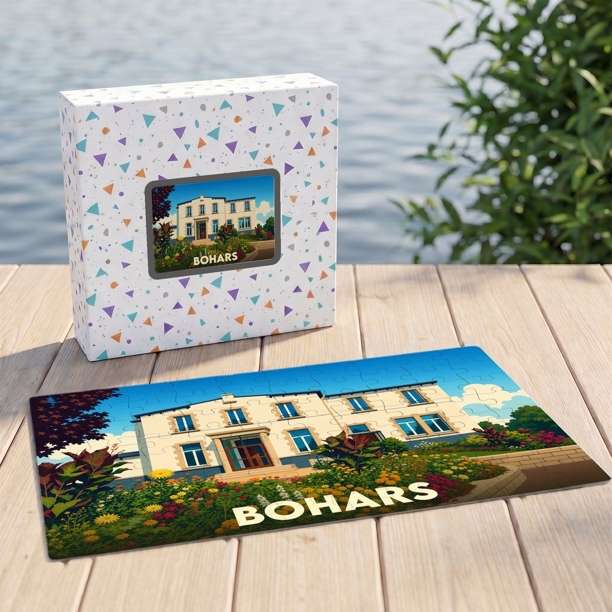 Puzzle souvenir de la ville de Bohars représentant une illustration stylisée d'un bâtiment fleuri.
