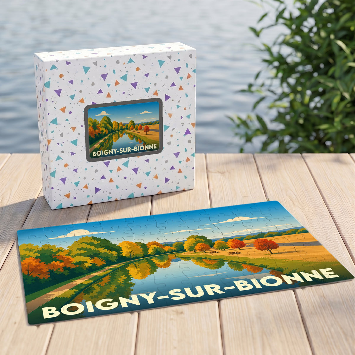 Puzzle souvenir de la ville de Boigny-sur-Bionne avec une illustration stylisée de son paysage fluvial.