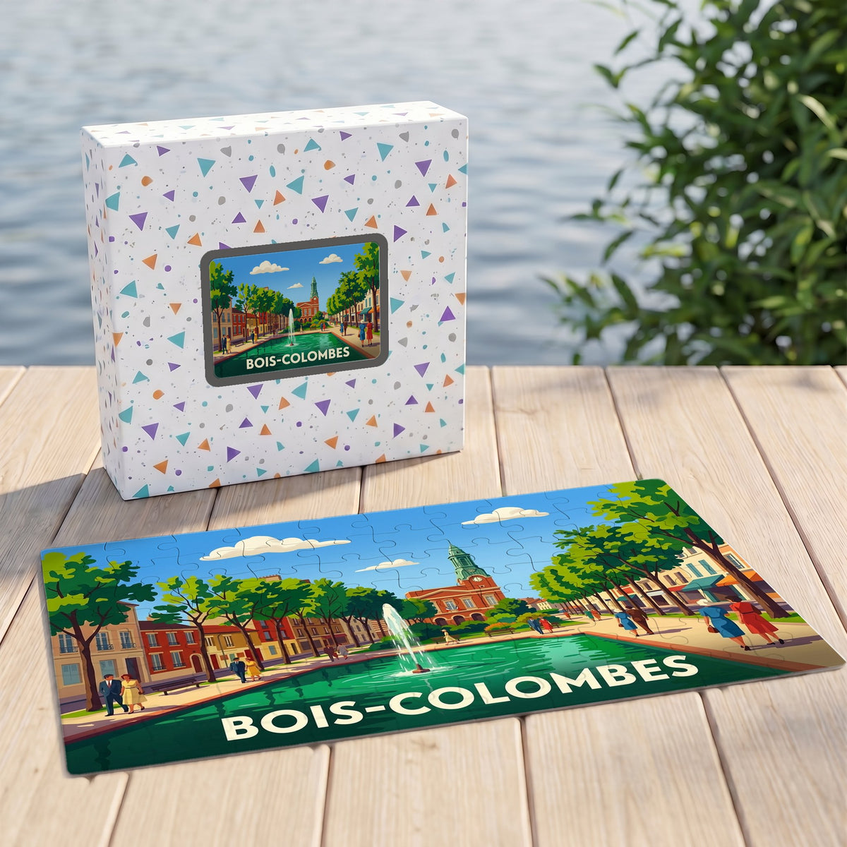 Puzzle souvenir de la ville de Bois-Colombes avec une illustration colorée et stylisée de son centre-ville.