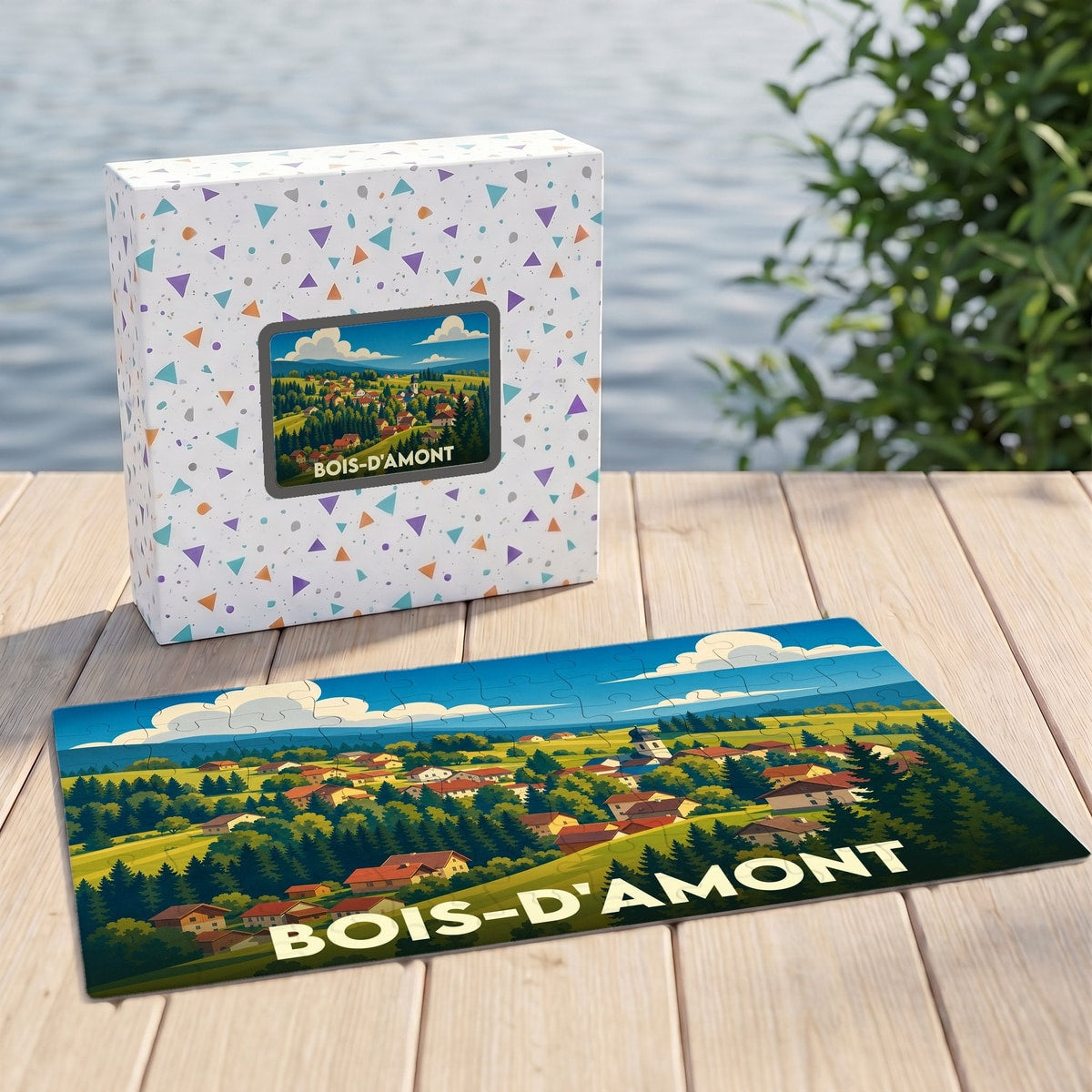Puzzle souvenir de la ville de Bois-d'Amont avec une illustration stylisée de son paysage vallonné.
