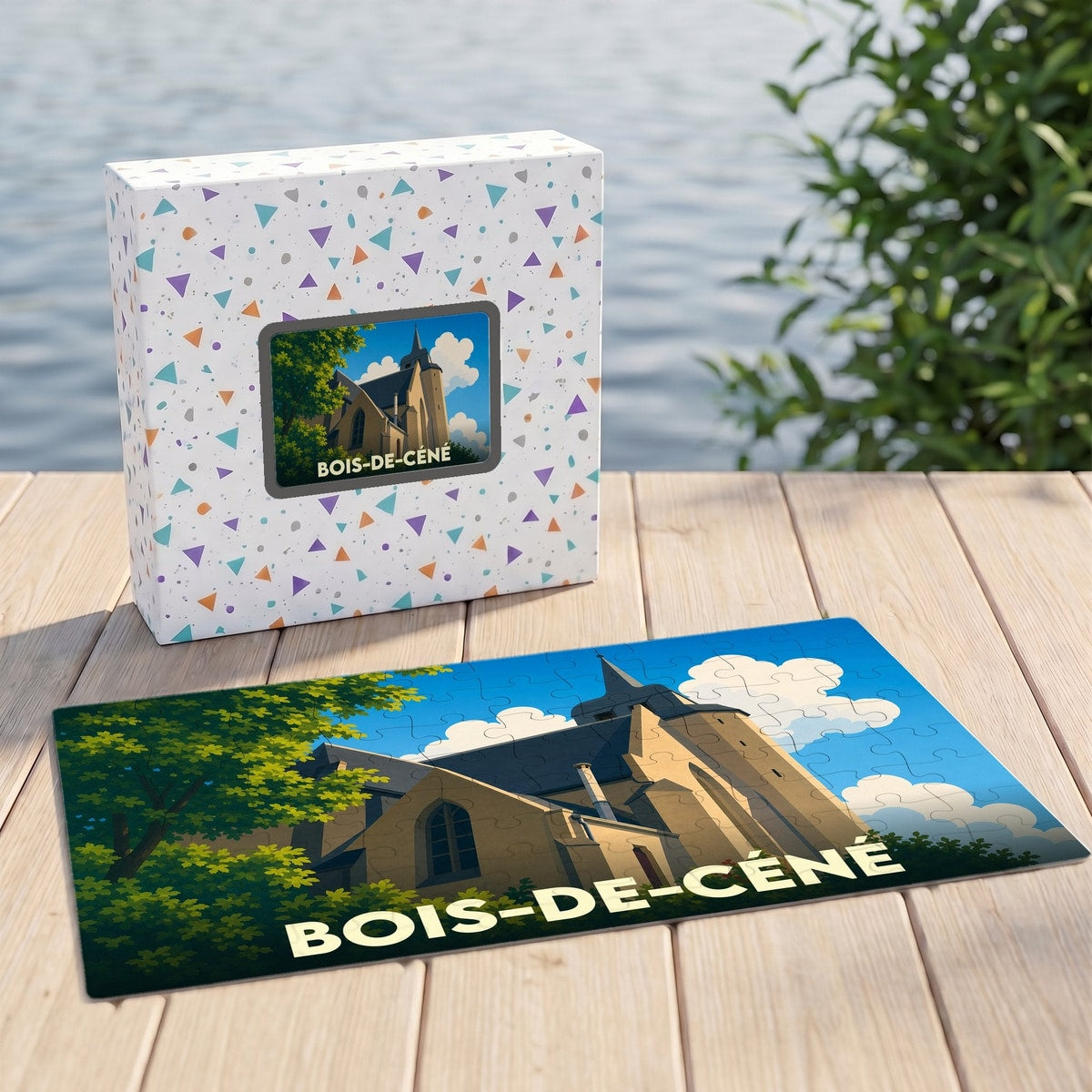 Puzzle souvenir de la ville de Bois-de-Céné avec une illustration stylisée de son église.