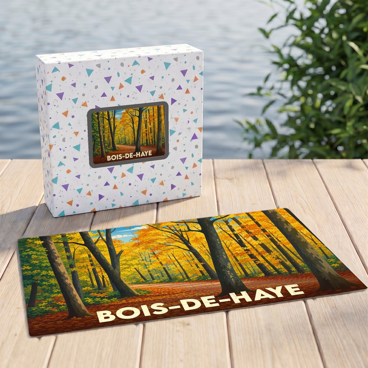 Puzzle souvenir de la ville de Bois-de-Haye avec une illustration automnale de forêt.