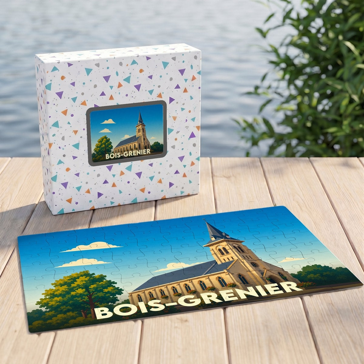 Puzzle souvenir de la ville de Bois-Grenier avec une illustration stylisée de son église.