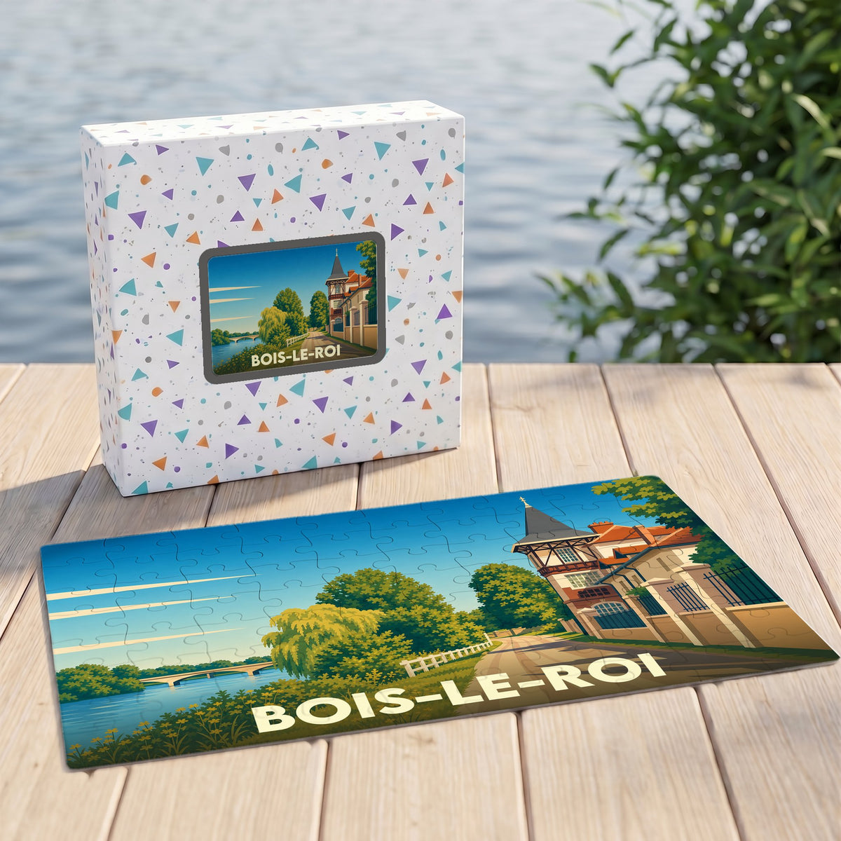 Puzzle souvenir de la ville de Bois-le-Roi avec une illustration stylisée des bords de Seine.