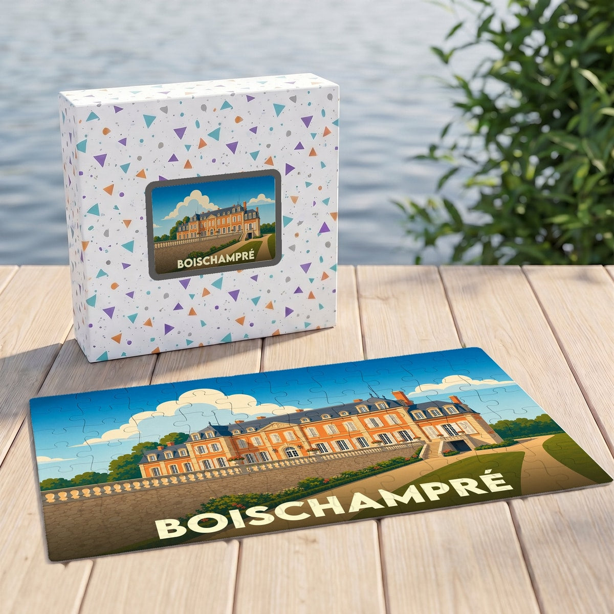 Puzzle souvenir de la ville de Boischampré avec une illustration stylisée d'un château.
