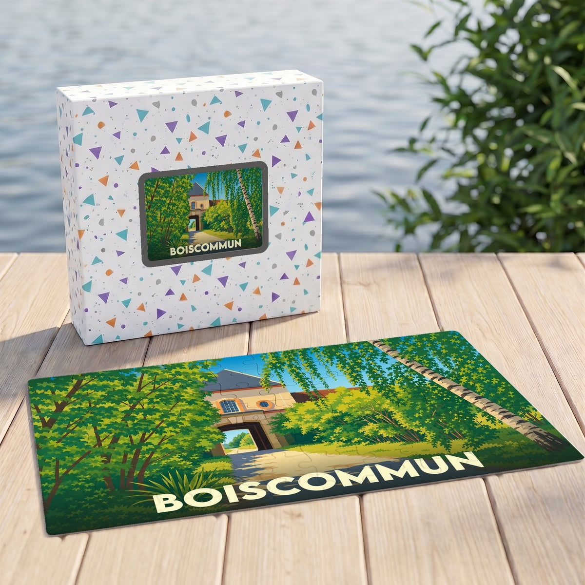 Puzzle souvenir de la ville de Boiscommun avec une illustration stylisée de son patrimoine paysager.