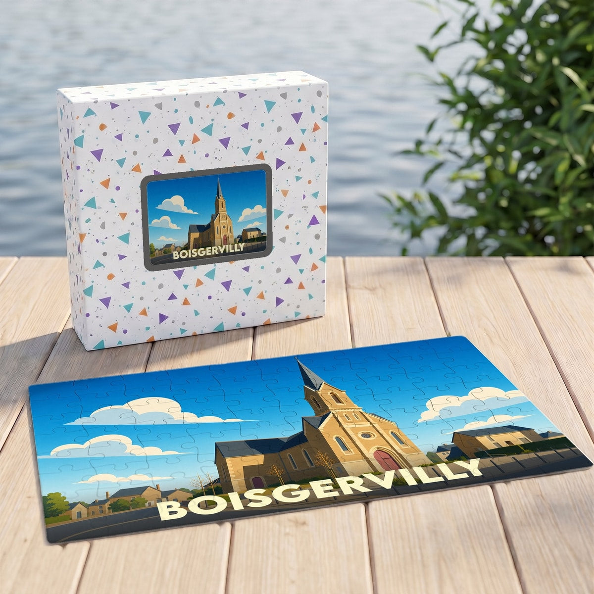 Puzzle souvenir de la ville de Boisgervilly avec une illustration stylisée d'une église sous un ciel bleu.