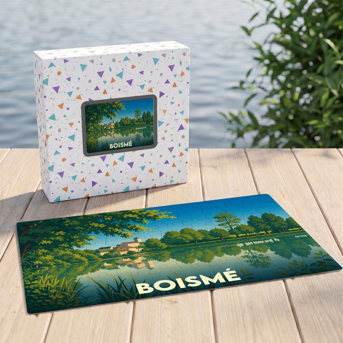 Puzzle souvenir de la ville de Boismé avec une illustration stylisée de son paysage lacustre.