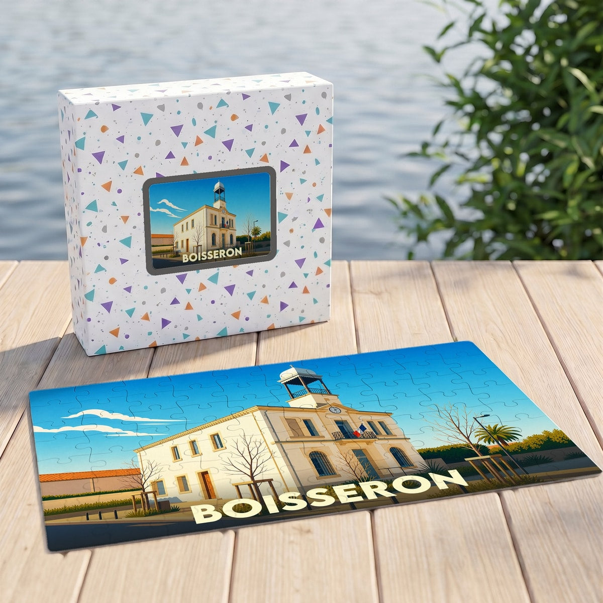 Puzzle souvenir de la ville de Boisseron avec une illustration stylisée de sa mairie.
