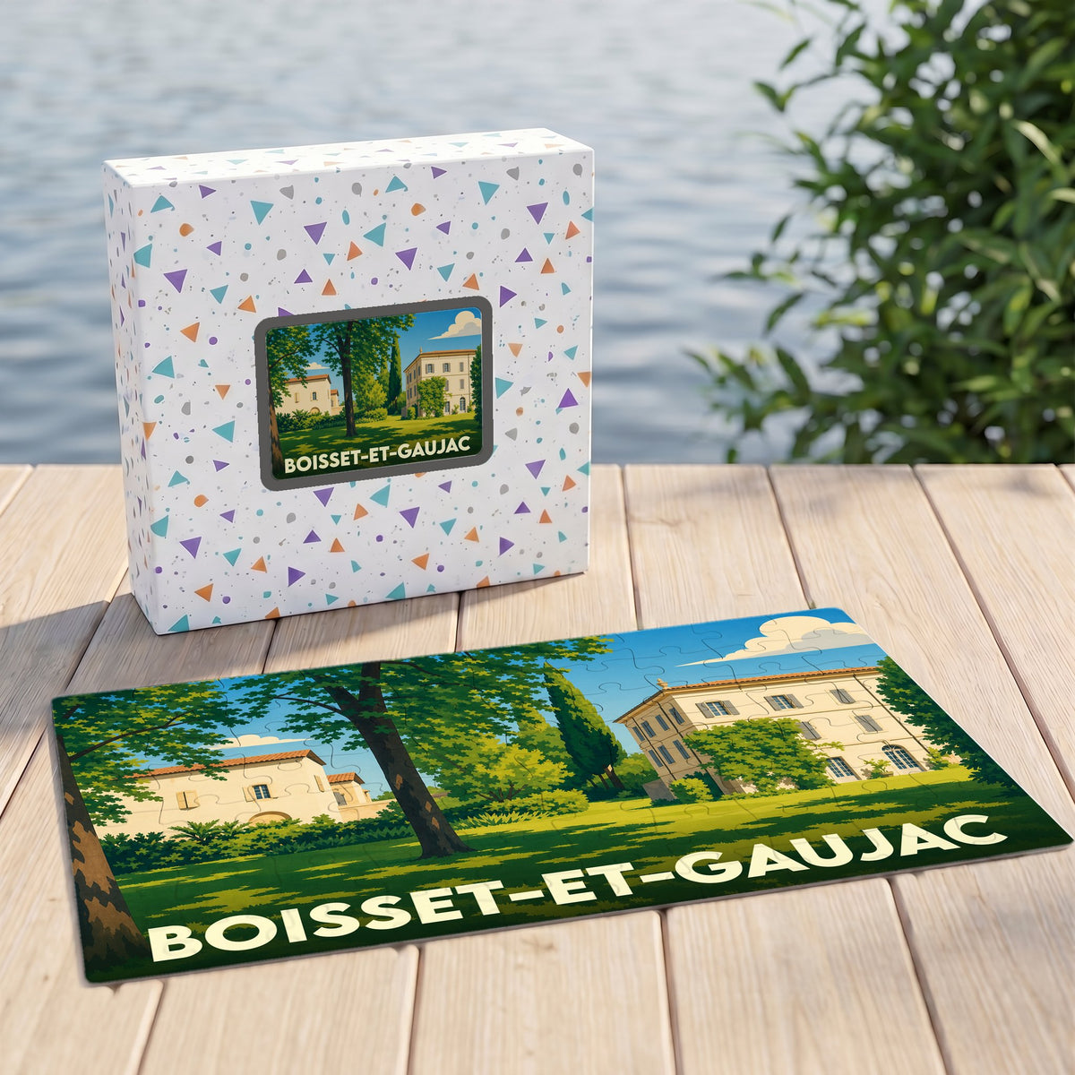 Puzzle souvenir de la ville de Boisset-et-Gaujac avec une illustration paysagère stylisée.