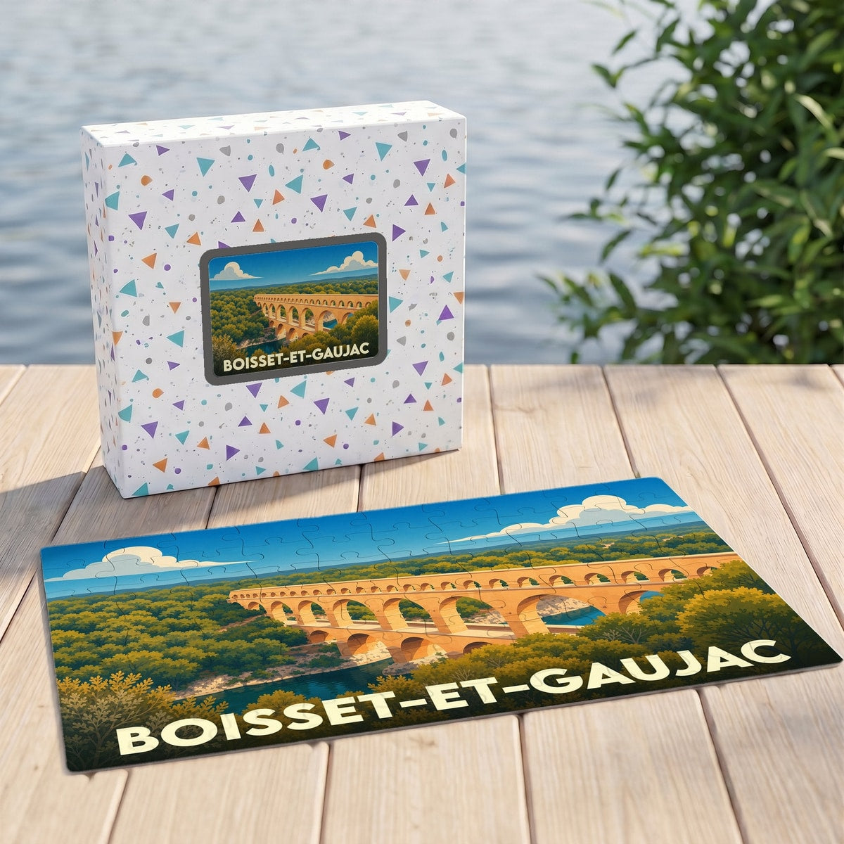 Puzzle souvenir de la ville de Boisset-et-Gaujac représentant un viaduc avec une illustration stylisée.