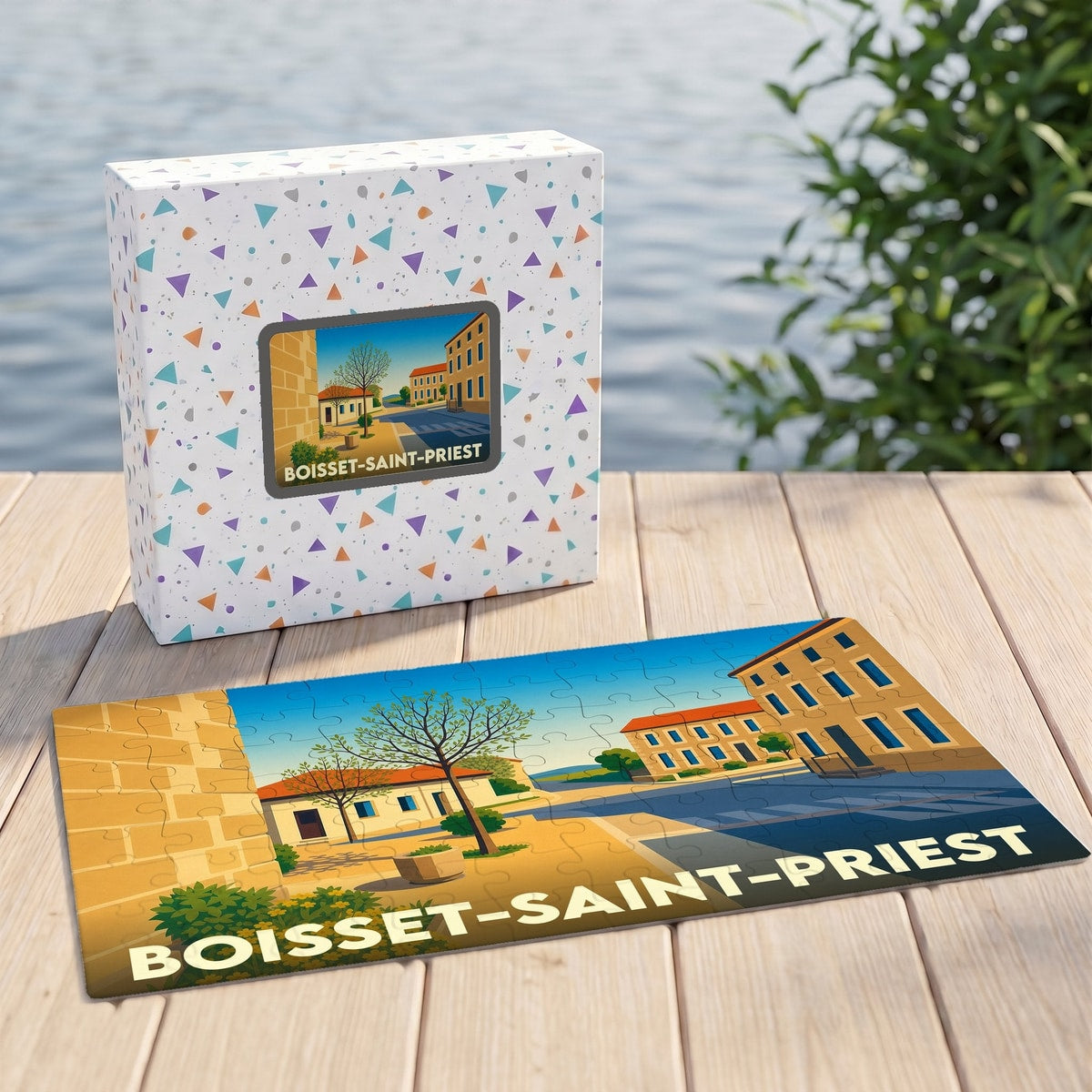 Puzzle souvenir de la ville de Boisset-Saint-Priest avec une illustration stylisée.
