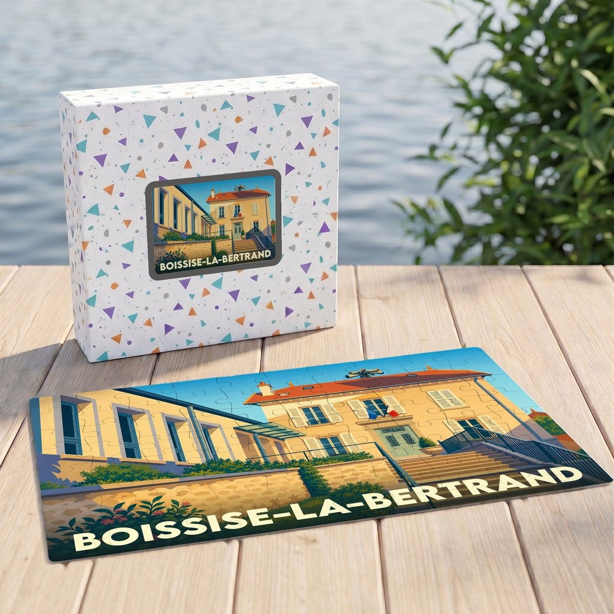Puzzle souvenir de la ville de Boissise-la-Bertrand avec une illustration stylisée de sa mairie.