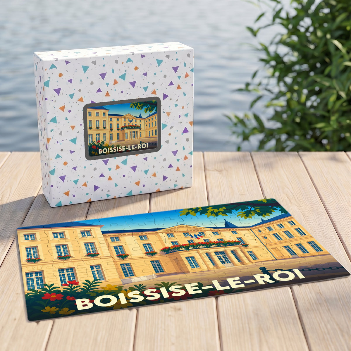 Puzzle souvenir de la ville de Boissise-le-Roi avec une illustration stylisée d'un bâtiment historique.