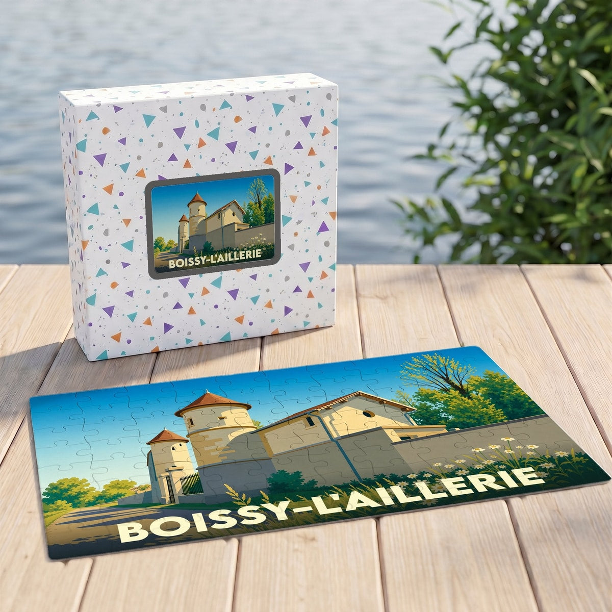 Puzzle souvenir de la ville de Boissy-l'Aillerie avec une illustration stylisée de ses monuments historiques.