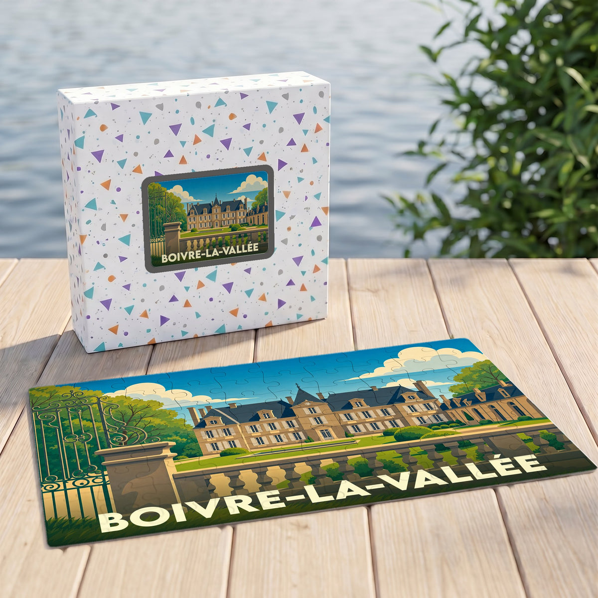 Puzzle souvenir de la commune de Boivre-la-Vallée avec une illustration stylisée de son patrimoine.