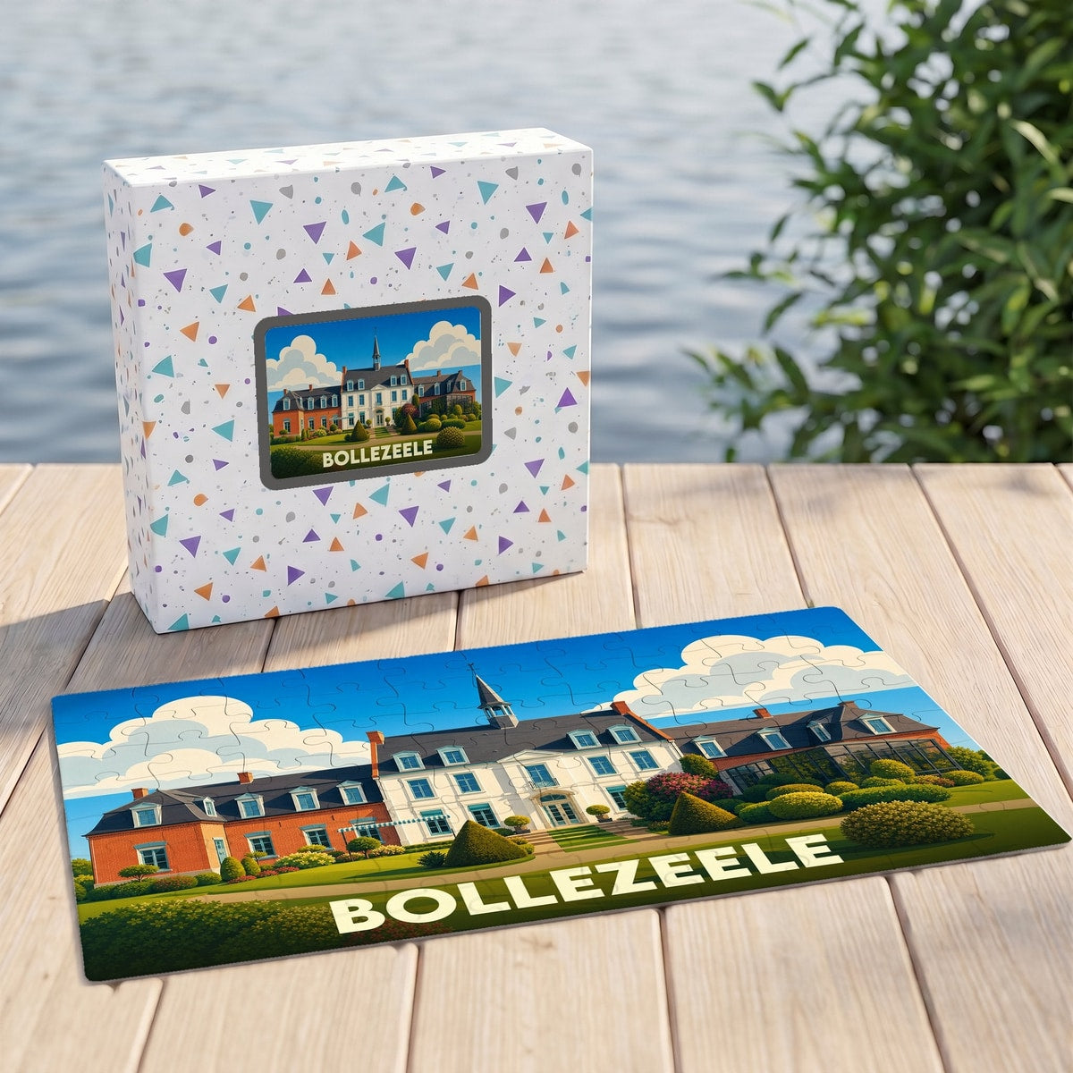 Puzzle souvenir de la ville de Bollezeele avec une illustration stylisée d'un manoir.