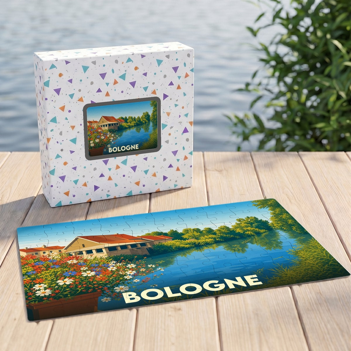 Puzzle souvenir de la ville de Bologne illustrant un paysage de bord de l'eau fleuri.