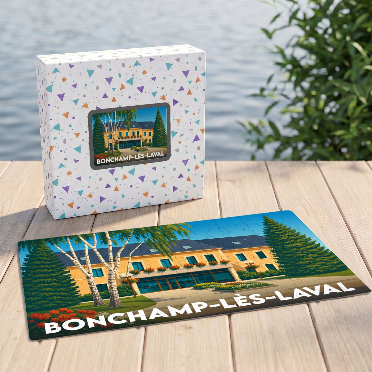 Puzzle souvenir de la ville de Bonchamp-lès-Laval avec une illustration stylisée de sa mairie.