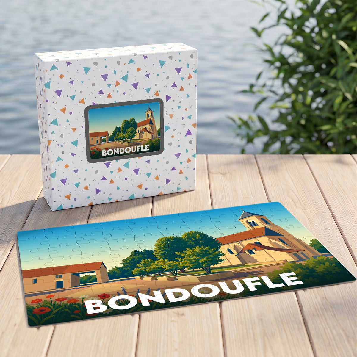 Puzzle souvenir de la ville de Bondoufle avec une illustration stylisée d'une église et de ses environs.