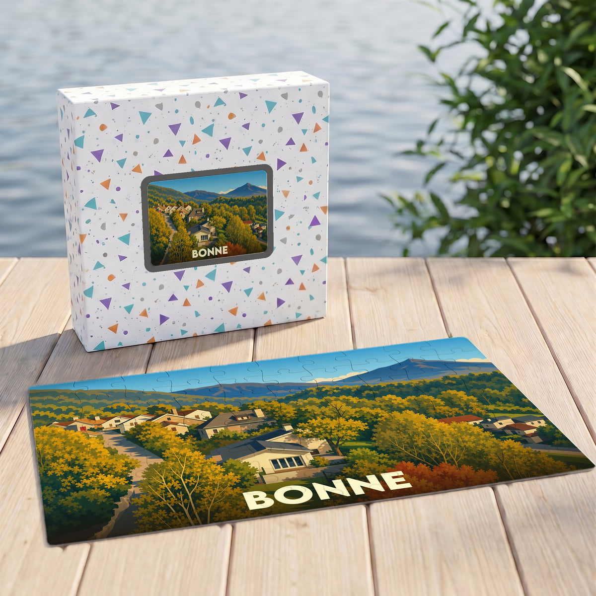 Puzzle souvenir de la ville de Bonne avec une illustration de paysage automnal.
