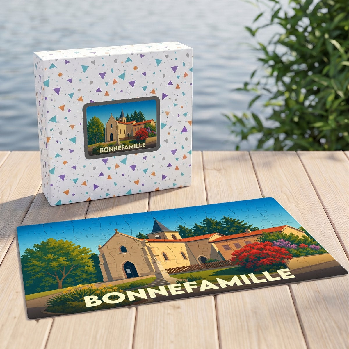 Puzzle souvenir de la ville de Bonnefamille avec une illustration stylisée.