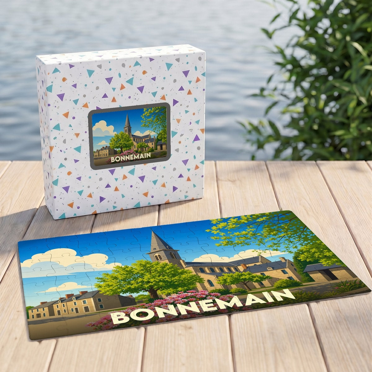 Puzzle souvenir de la ville de Bonnemain avec une illustration stylisée.