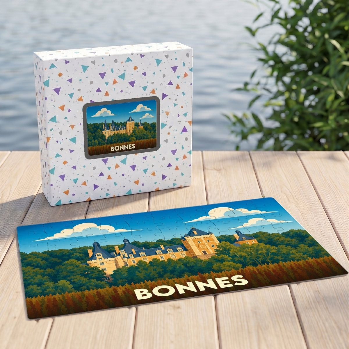 Puzzle souvenir de la ville de Bonnes représentant son château avec une illustration stylisée.