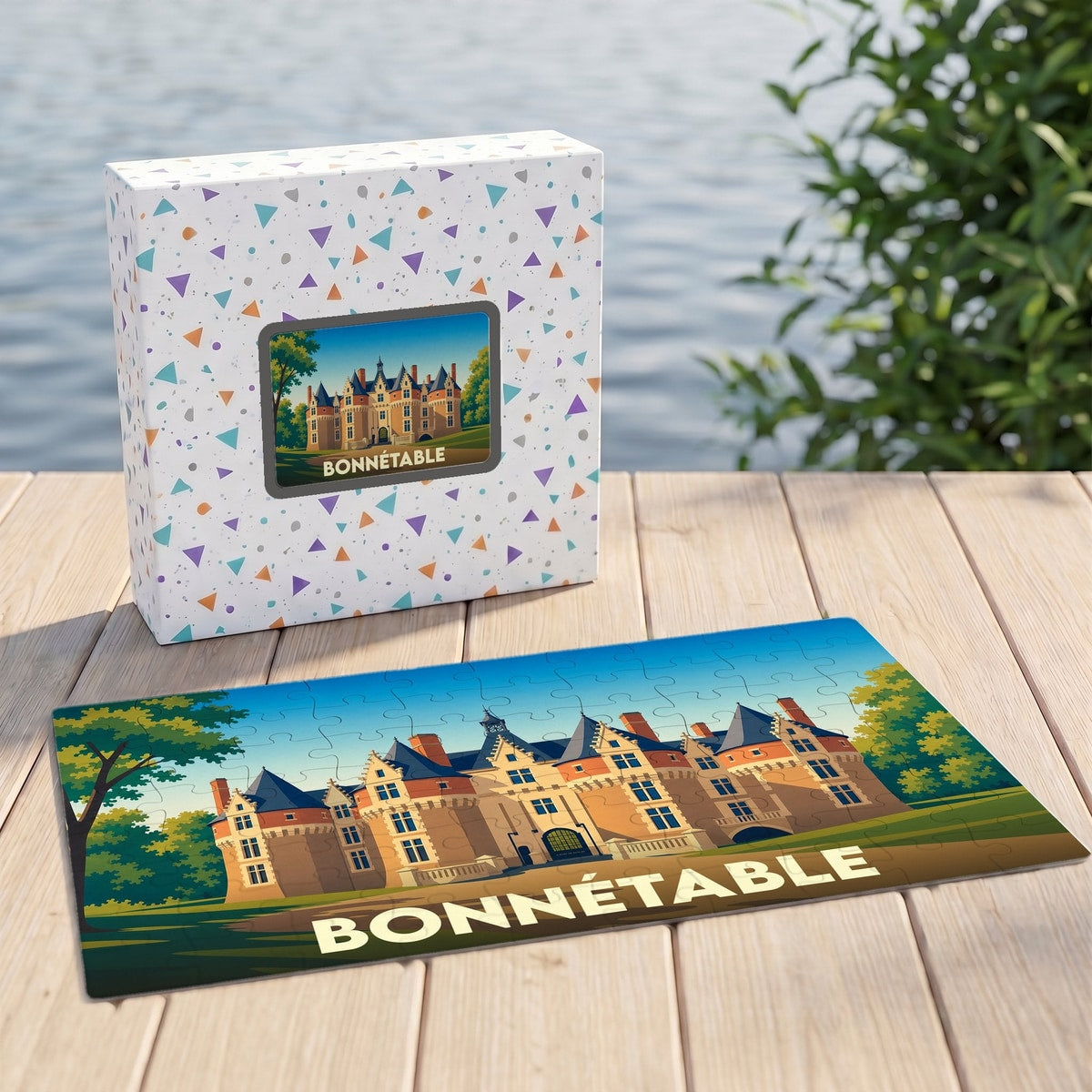 Puzzle souvenir de la ville de Bonnétable représentant son château avec une illustration stylisée.