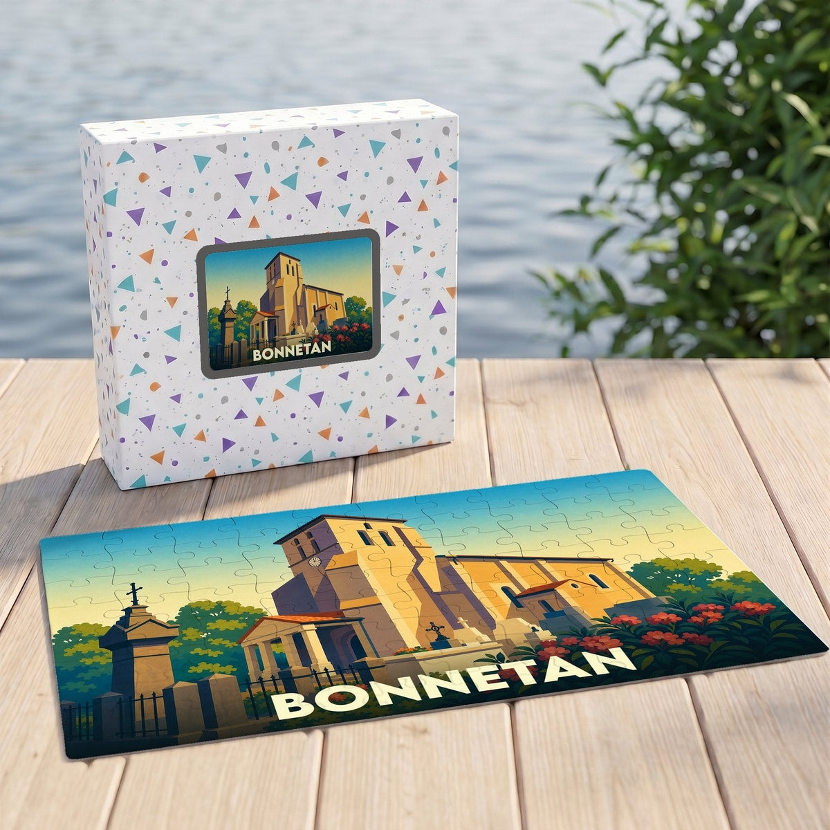Puzzle souvenir de la ville de Bonnetan avec une illustration stylisée de son église.