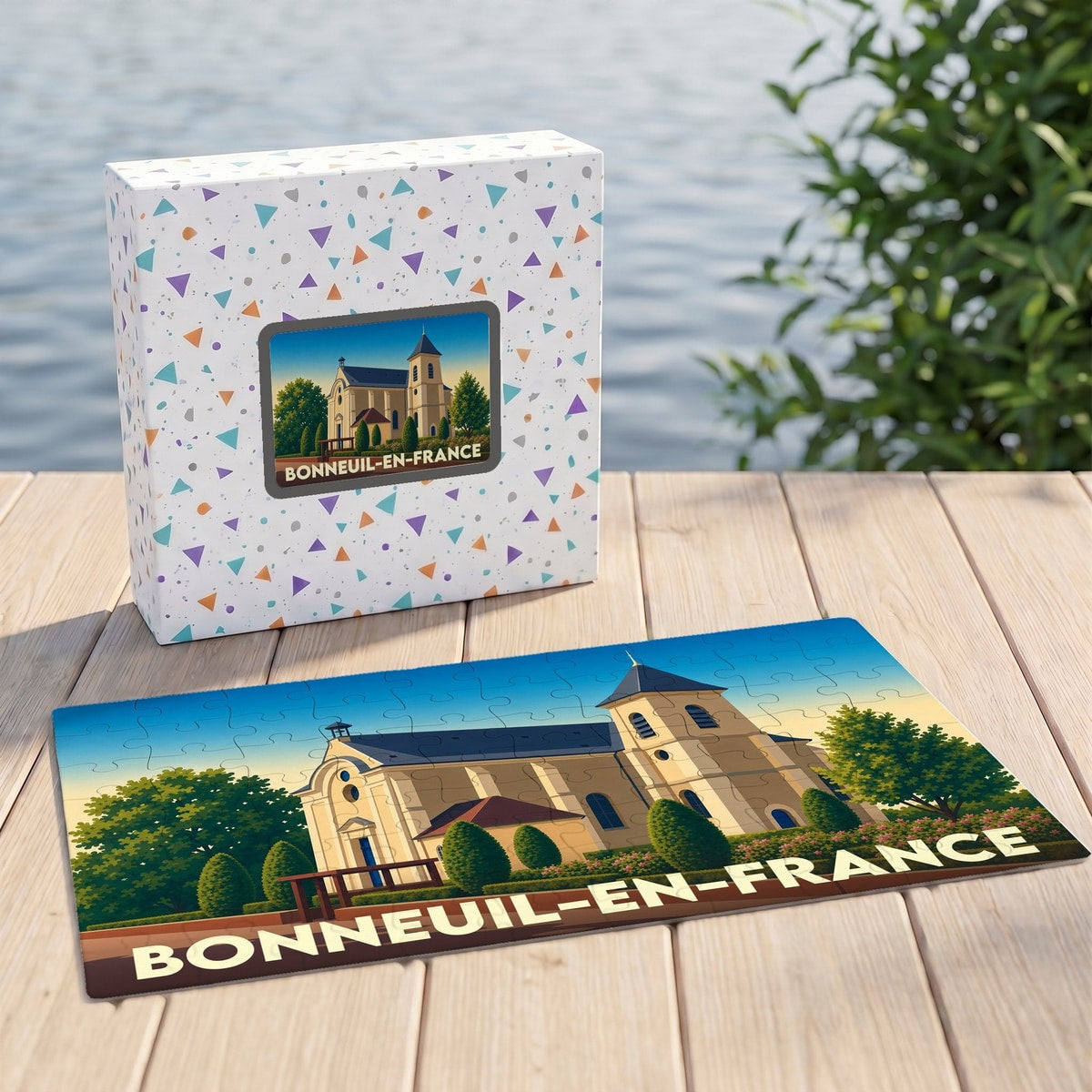Puzzle souvenir de la ville de Bonneuil-en-France avec une illustration stylisée de son église.