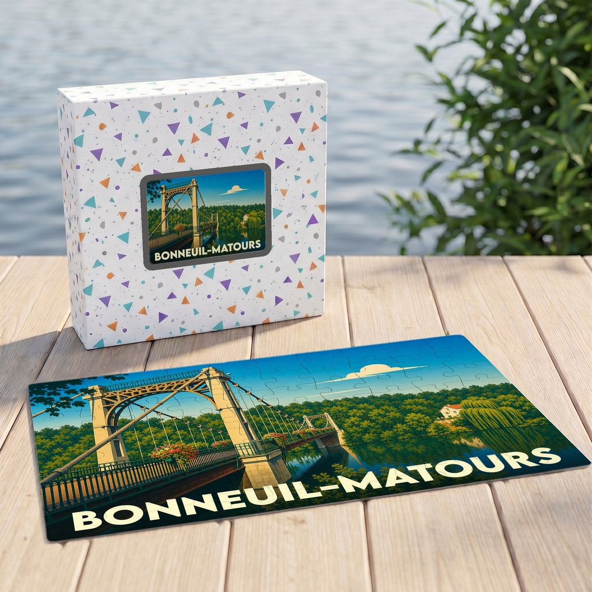Puzzle souvenir de la ville de Bonneuil-Matours avec une illustration stylisée de son pont suspendu.