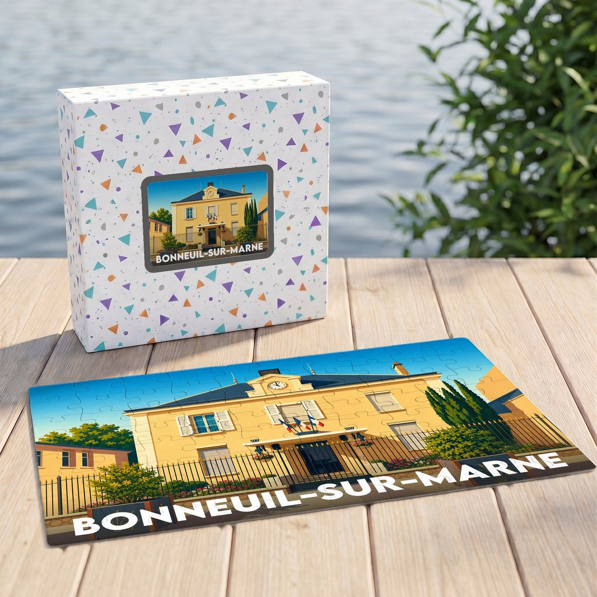 Puzzle souvenir de la ville de Bonneuil-sur-Marne illustrant son hôtel de ville dans un style graphique.