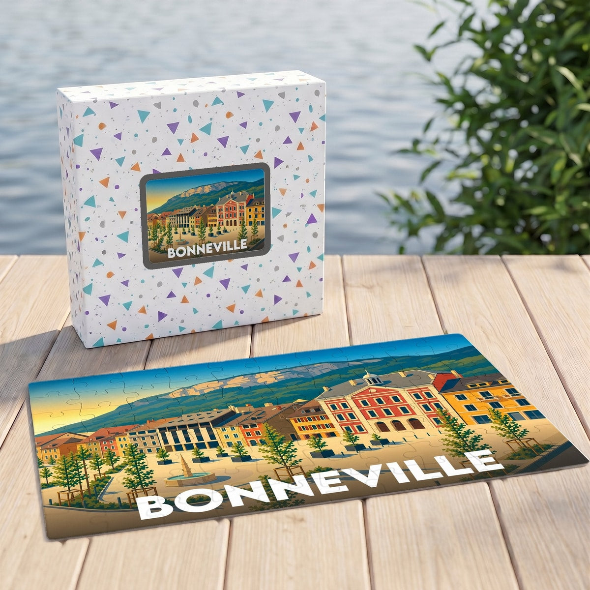Puzzle souvenir de la ville de Bonneville avec une illustration stylisée de sa place centrale.