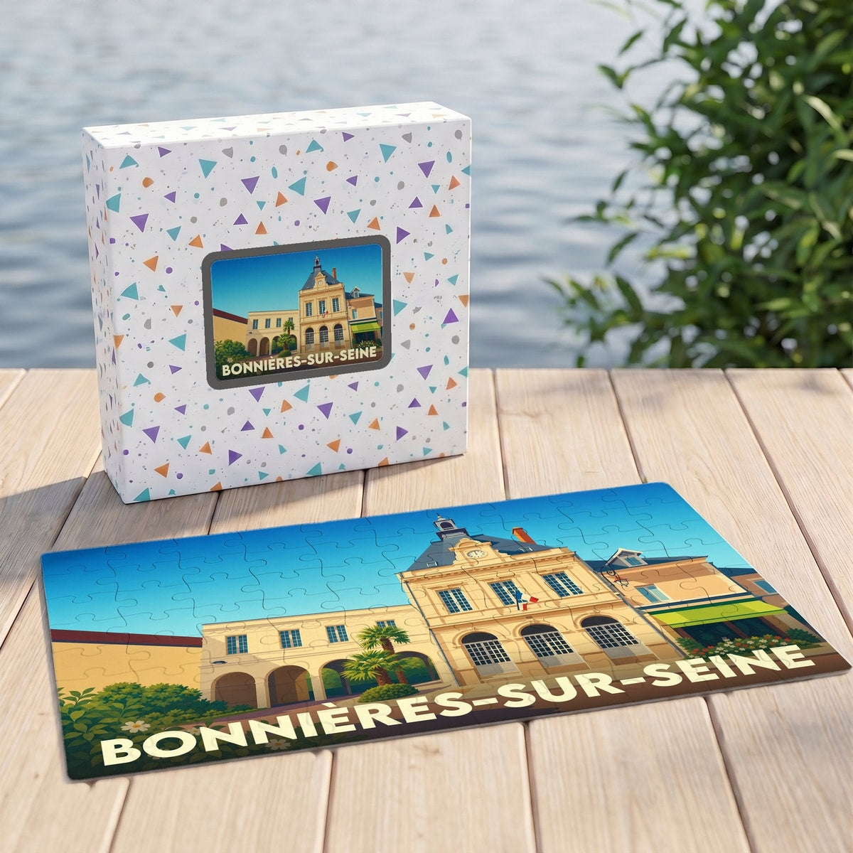 Puzzle souvenir de la ville de Bonnières-sur-Seine avec une illustration stylisée de son hôtel de ville.