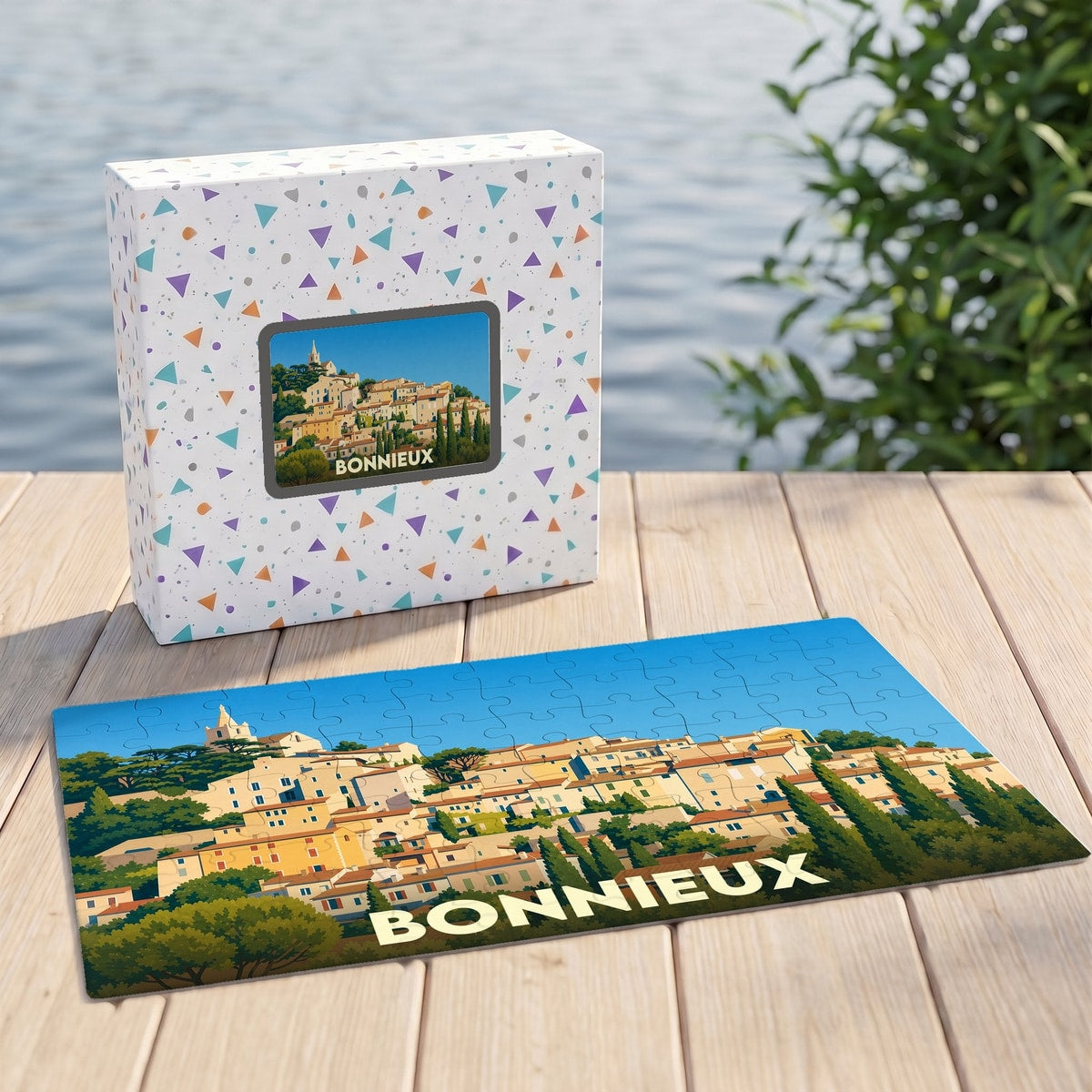 Puzzle souvenir de la ville de Bonnieux avec une illustration stylisée de ses maisons provençales.