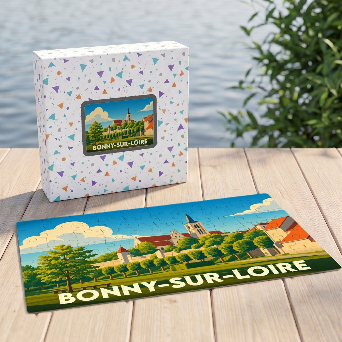 Puzzle souvenir de la ville de Bonny-sur-Loire avec son illustration et sa boîte assortie.