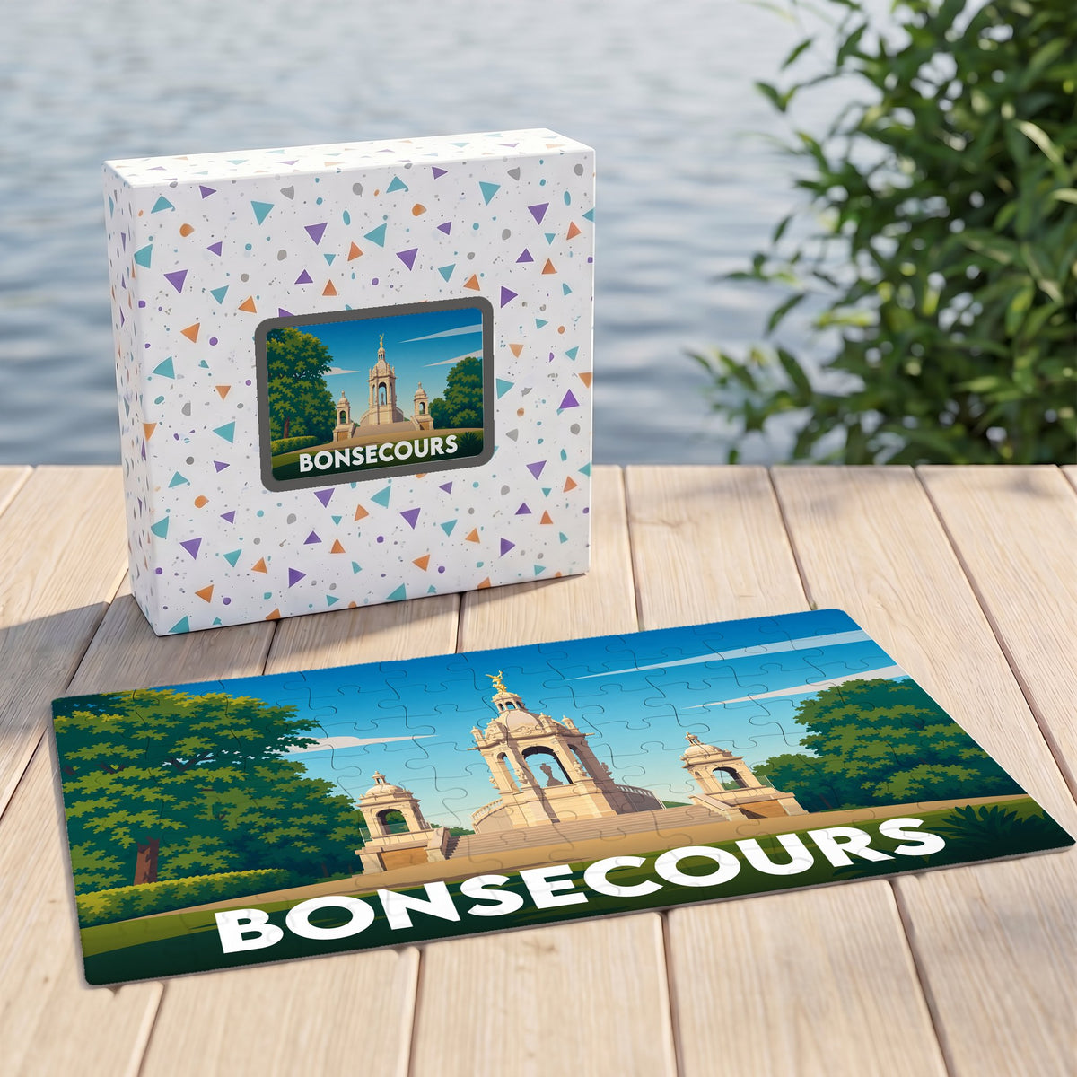 Puzzle souvenir de la ville de Bonsecours avec une illustration stylisée de son patrimoine architectural.