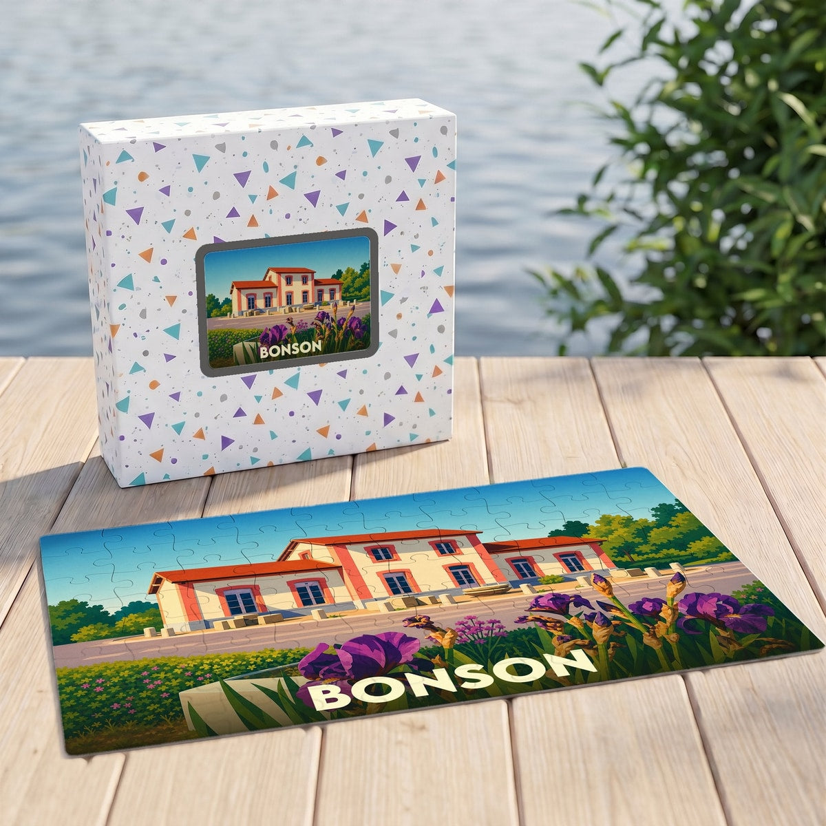 Puzzle souvenir de la ville de Bonson avec une illustration stylisée de son paysage.