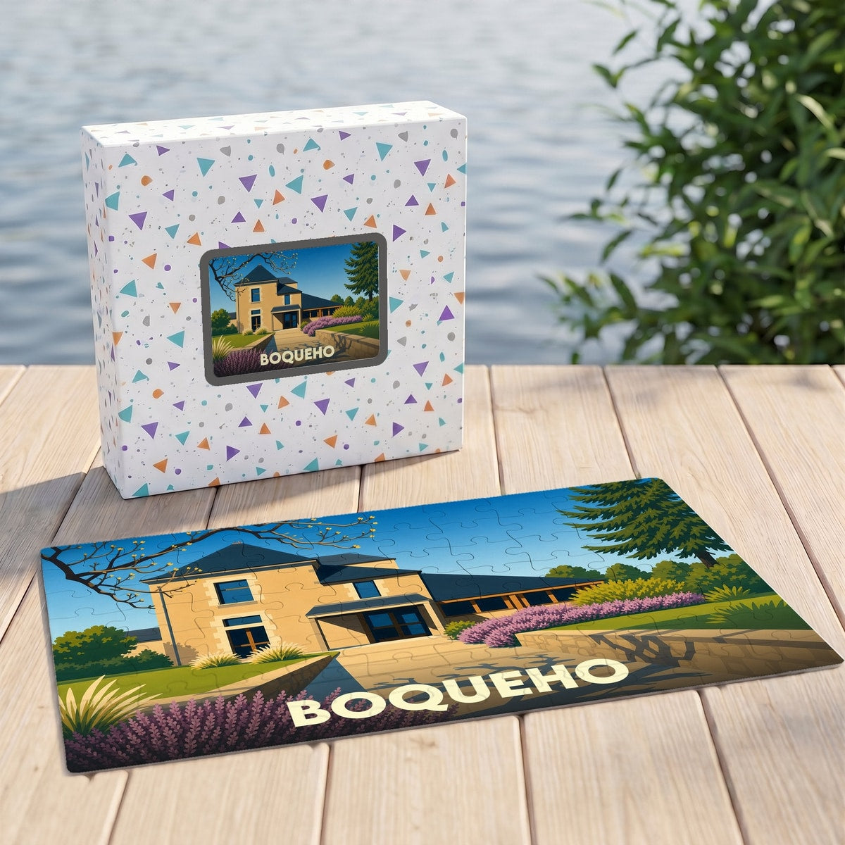Puzzle souvenir de la ville de Boqueho avec une illustration stylisée d'une maison régionale.