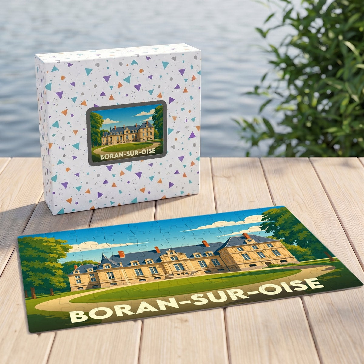 Puzzle souvenir de la ville de Boran-sur-Oise illustré par un château majestueux.