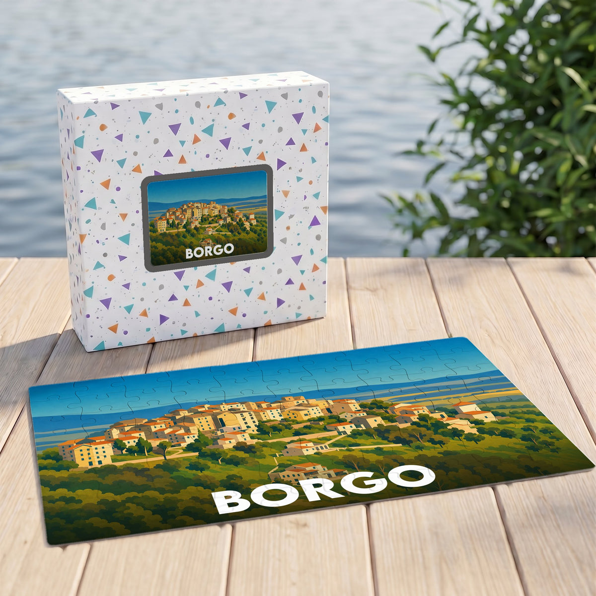 Puzzle souvenir de la ville de Borgo avec une illustration stylisée d'un village corse.