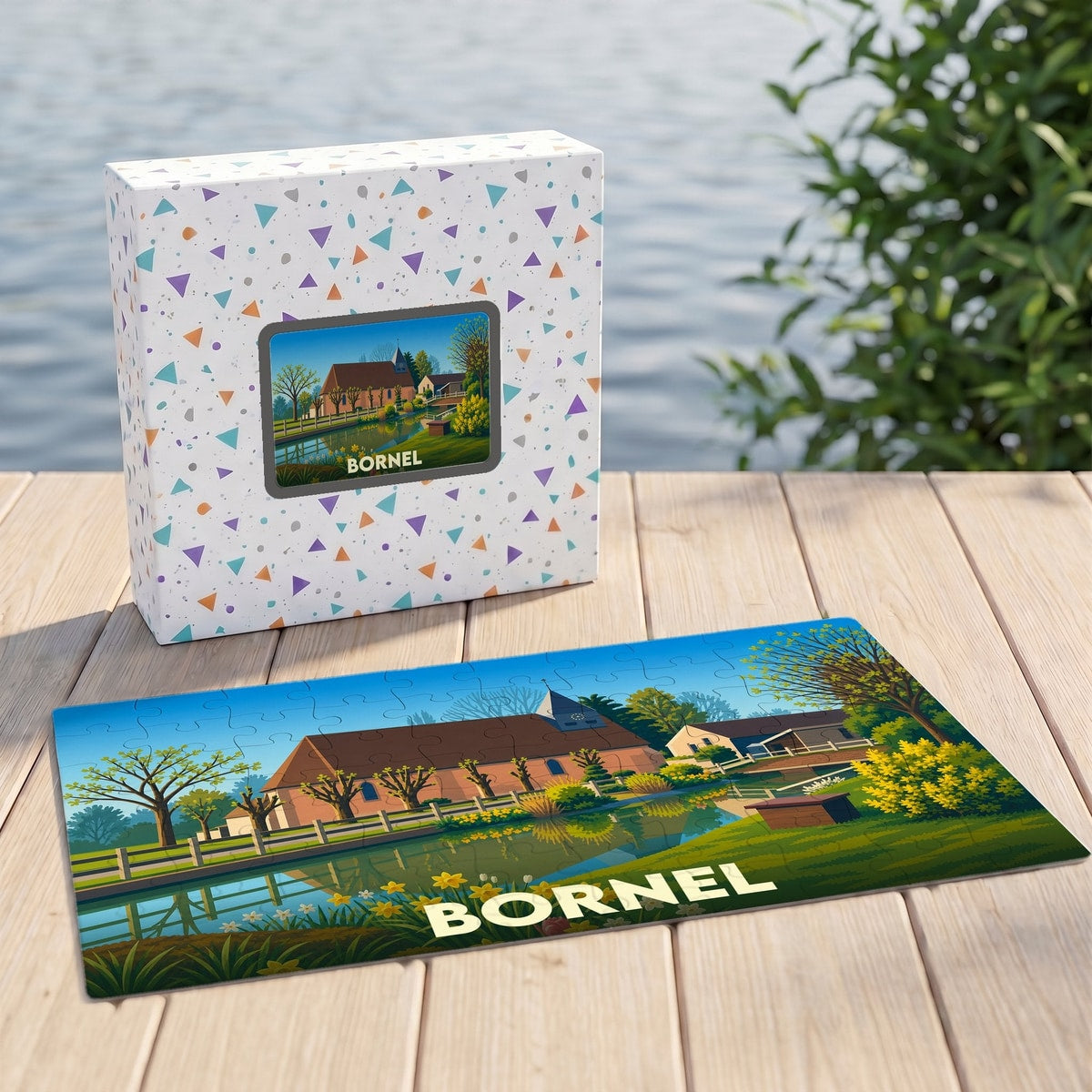 Puzzle souvenir de la ville de Bornel avec une illustration colorée et stylisée de son paysage champêtre.