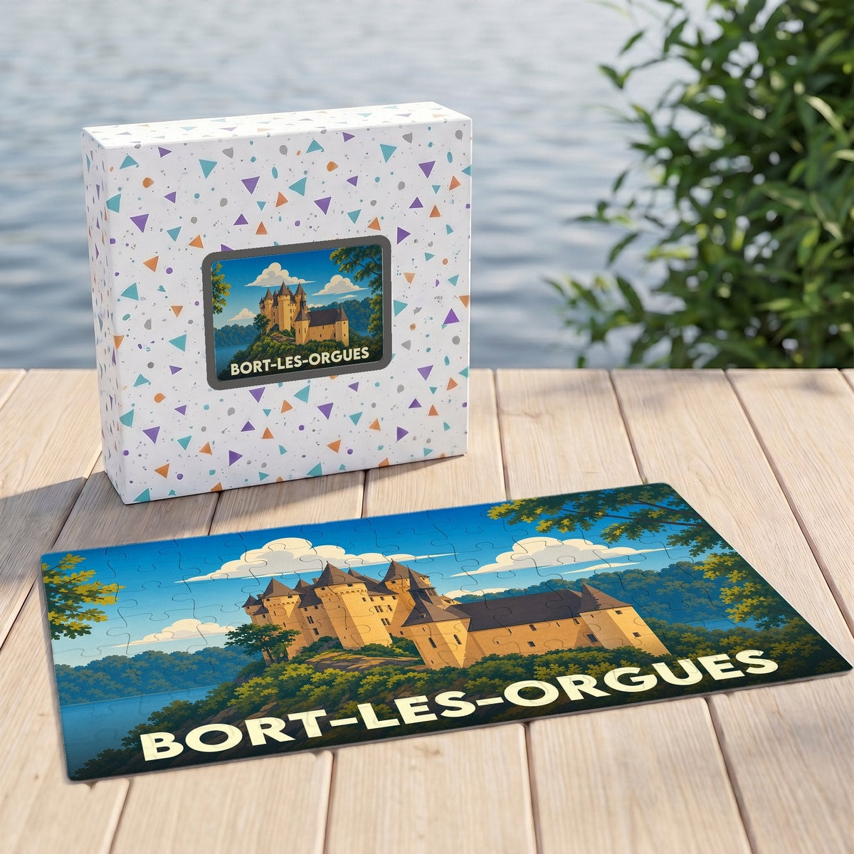 Puzzle souvenir de la ville de Bort-les-Orgues avec une illustration stylisée d'un château au bord de l'eau.