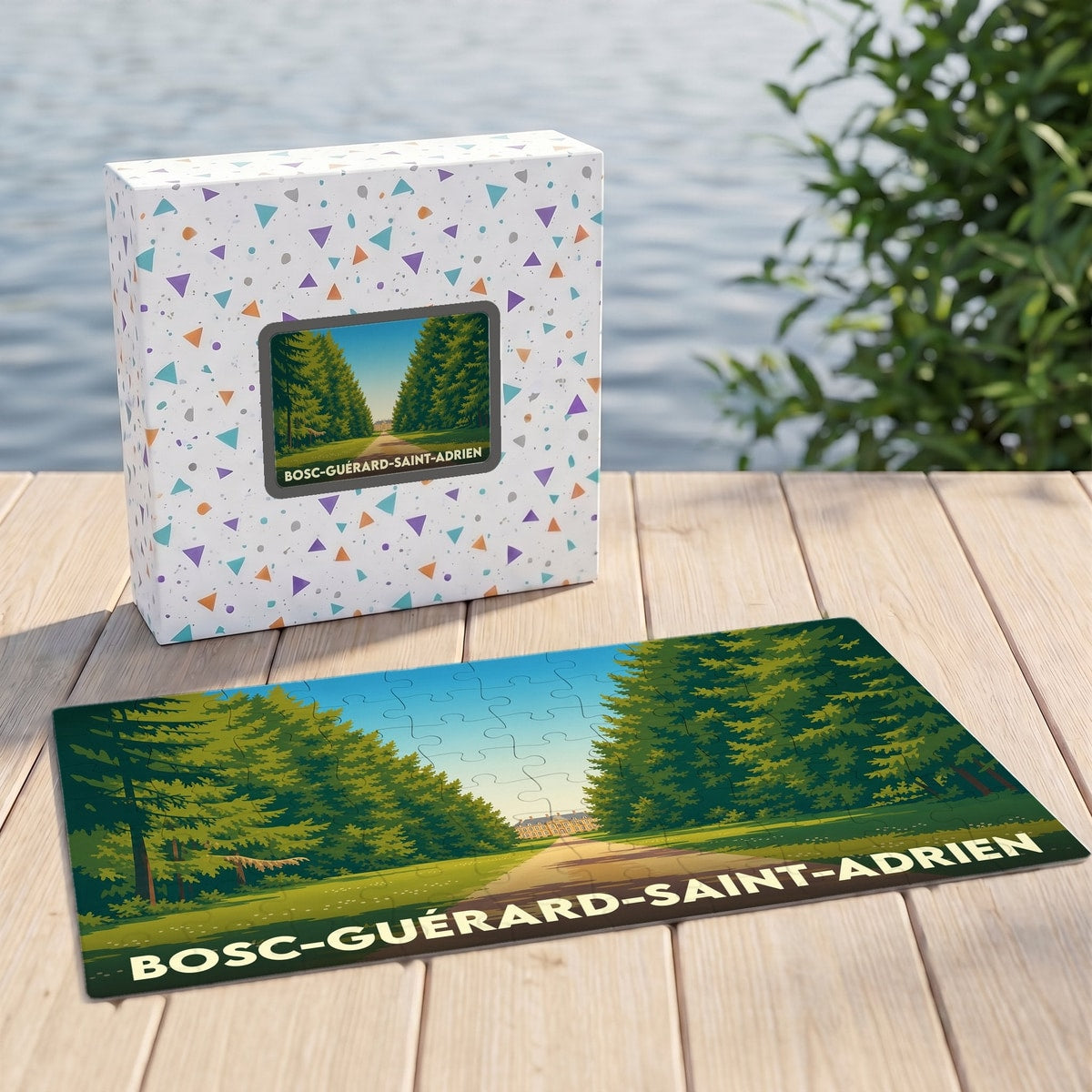 Puzzle souvenir de la commune de Bosc-Guérard-Saint-Adrien avec une illustration de paysage arboré.