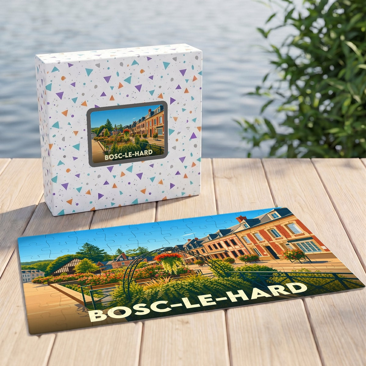 Puzzle souvenir de la ville de Bosc-le-Hard avec son illustration stylisée et sa boîte assortie.