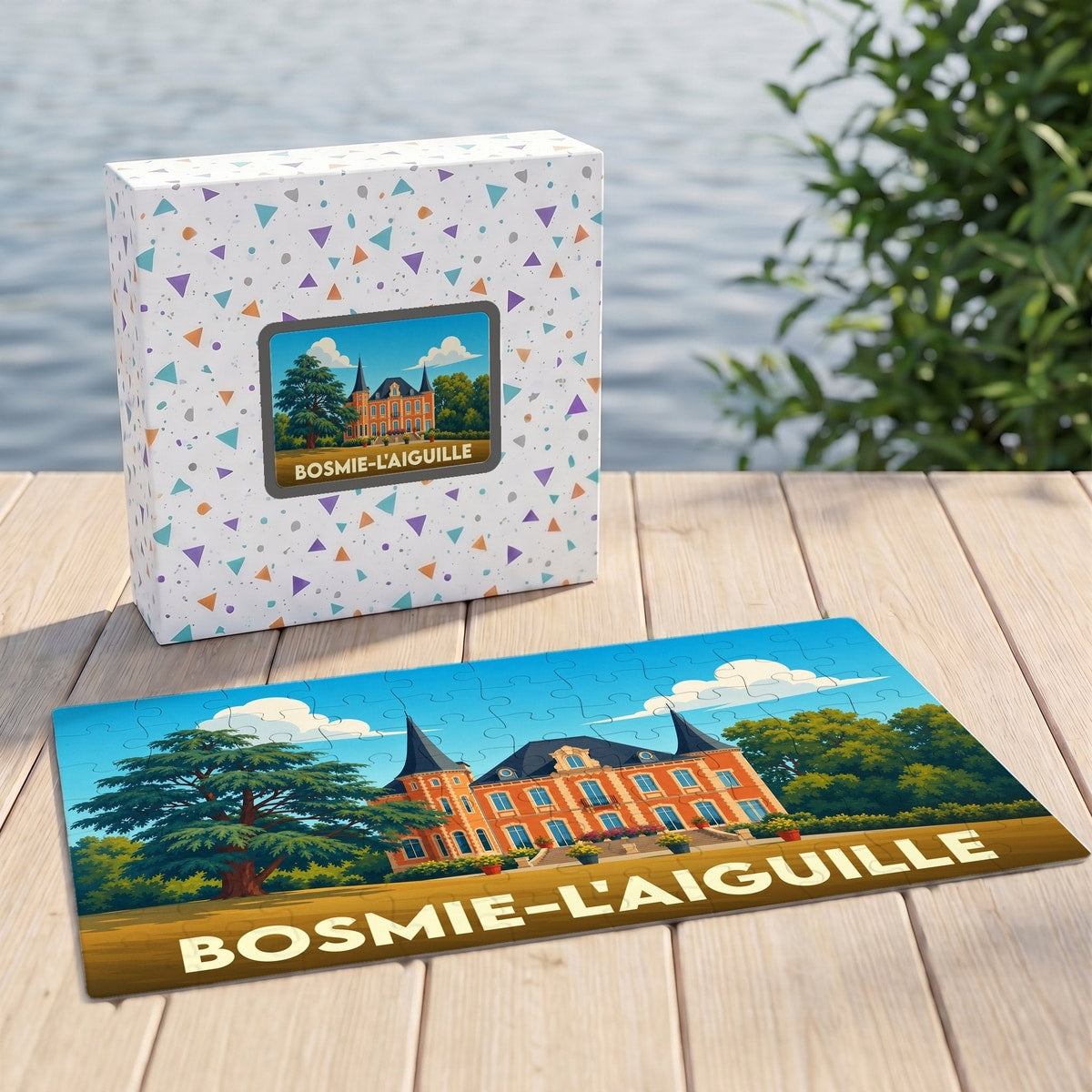 Puzzle souvenir de la ville de Bosmie-l'Aiguille avec une illustration stylisée de son château.