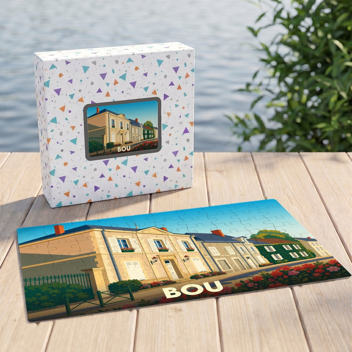 Puzzle souvenir de la ville de Bou avec une illustration stylisée d'un bâtiment historique.